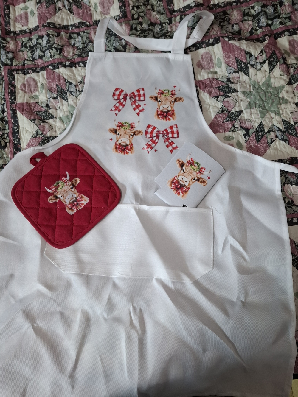 White Kids Apron Set with Red Holiday Cow Motif